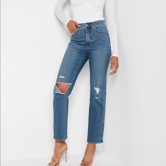 Express Super Highrise Ripped Modern Straight Jeans, 10R - Picture 6 of 8